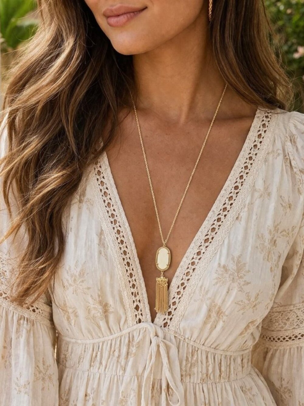 Gold-Tone Chain with Ivory Oval Pendant & Flowing Tassel Necklace